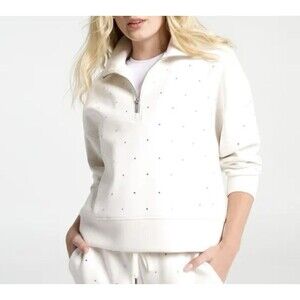 CALIA Soft Scuba Mock Neck 1/4 Zip Sweatshirt White Rhinestones Womens SZ S NWT